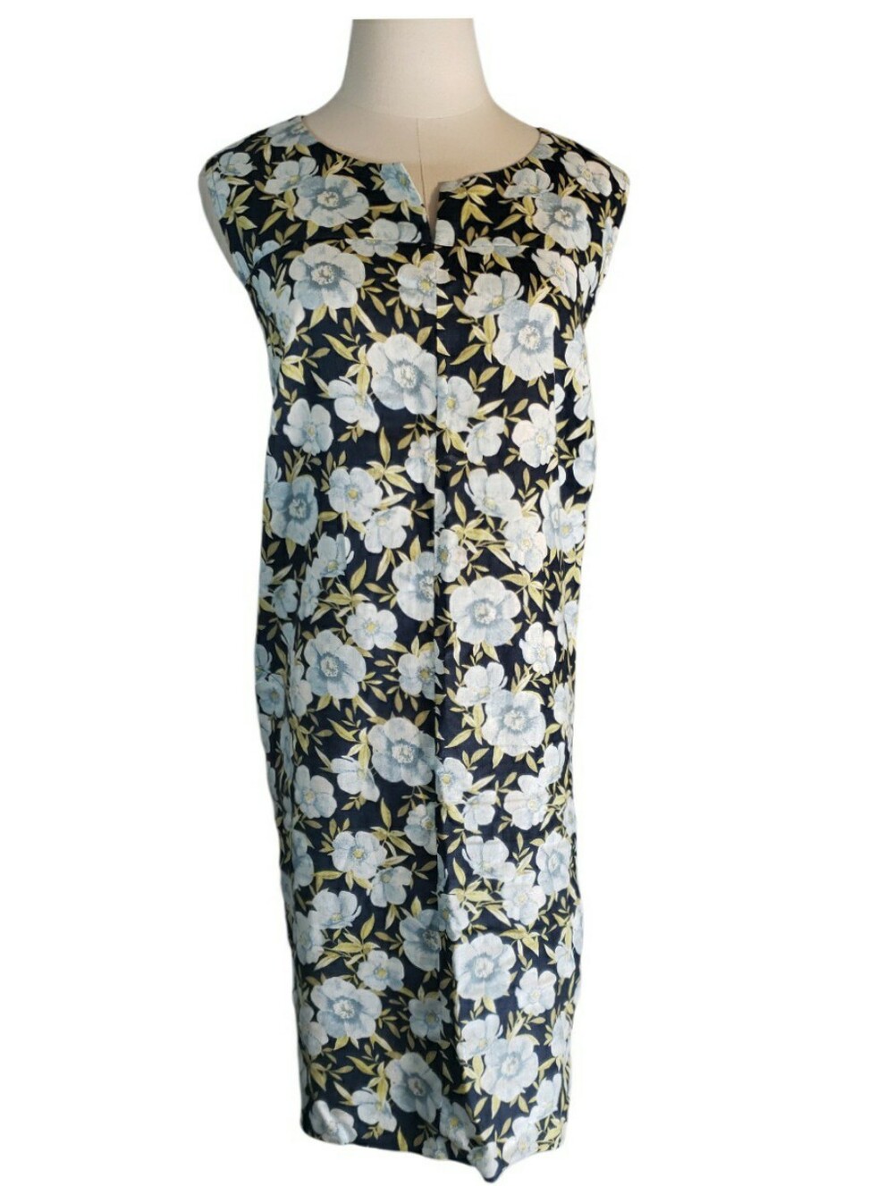 J. Jill Love Linen Navy Floral Shift Dress XLP Split Neck Yoke Pockets Preppy